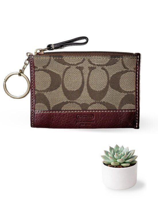 Coach Handbags - Coach Mini Skinny ID Case Signature Canvas Brown Tan Keyring Wallet Vintage
